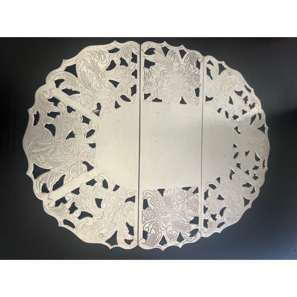Vintage Expandable Metal Trivet Silver-plate Pierced Floral Phoenix Hot Plate